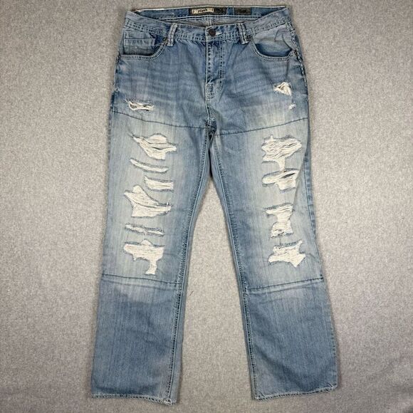 BKE Denim Mens Size 34R Derek Jeans Blue Distressed Destroyed Straight Leg - Picture 1 of 10